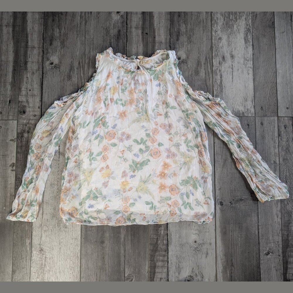 Giusy, Silk Ruffle Cold Shoulder Light Pastel Floral Silk Blouse, Sz S, ITALY